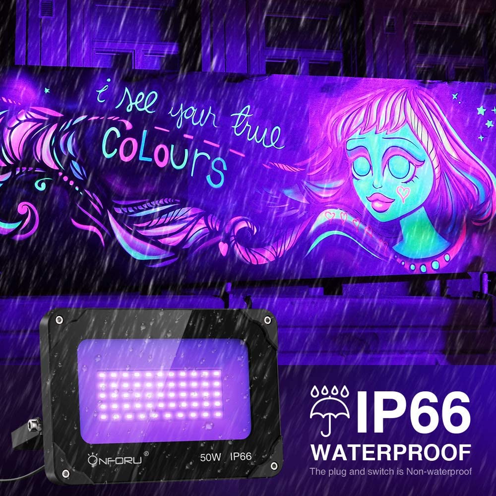 Onforu 2 Pack 50W UV LED Black Light, UV Floodlight with Plug, IP66 Waterproof Outdoor Ultraviolet Blacklight for Dance Party, Stage Lighting, Glow in The Dark, Fluorescent Poster, Neon Glow