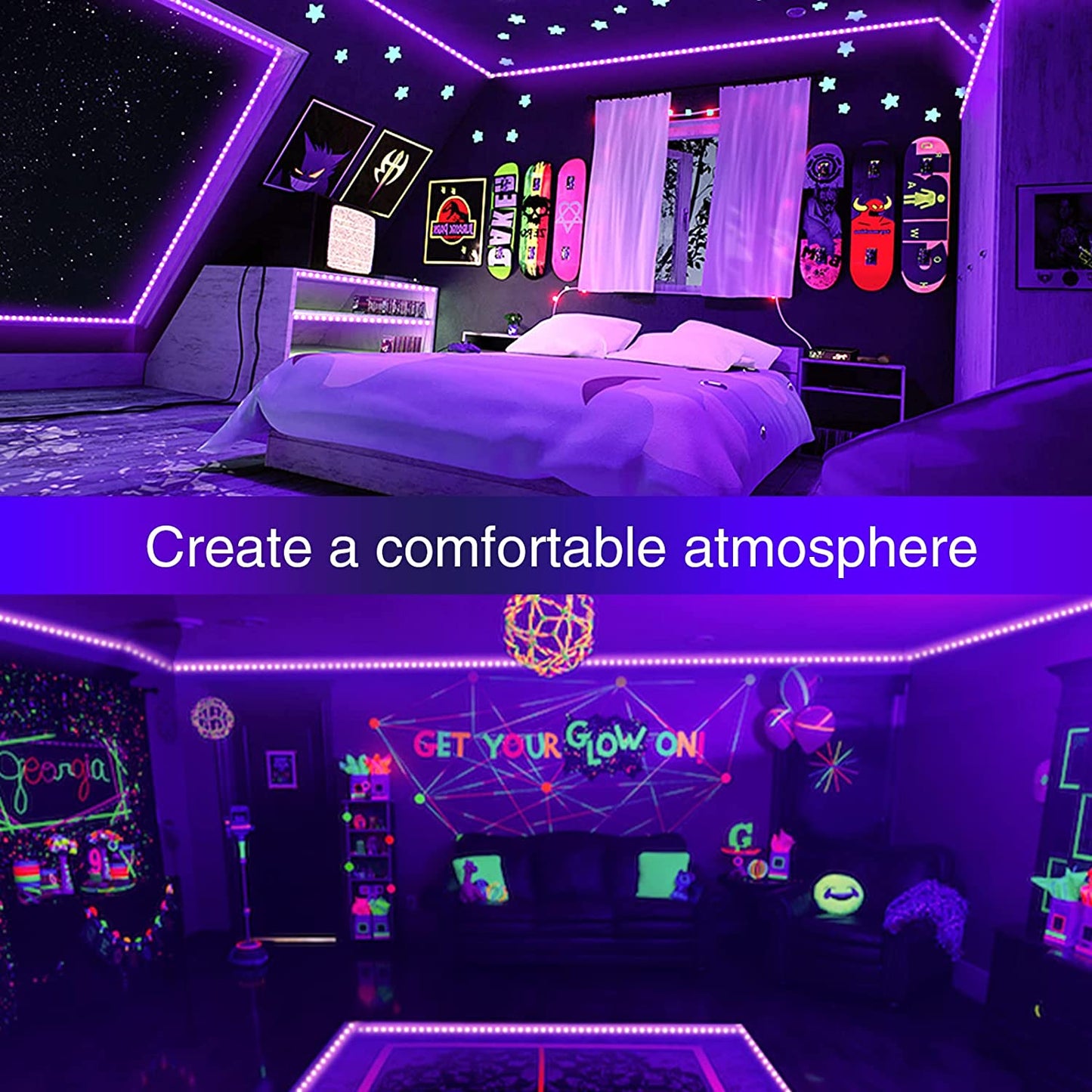 Onforu 5m LED UV Blacklight Strip Kit, 12V 24W Flexible Black Light, 16.4ft Fixtures with GS Adapter, 300 UV LED Lamp Beads, Non-Waterproof for Indoor Fluorescent Dance Party, Body Paint