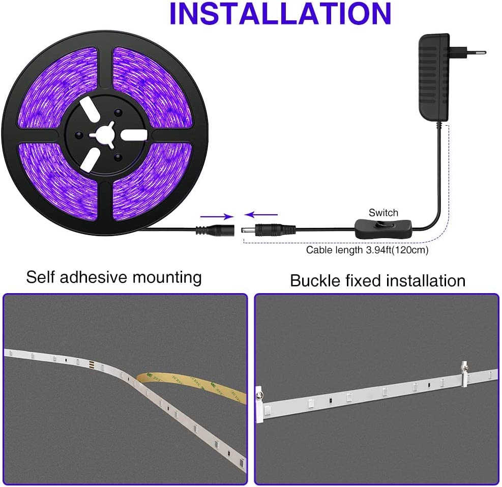 Onforu 5m LED UV Blacklight Strip Kit, 12V 24W Flexible Black Light, 16.4ft Fixtures with GS Adapter, 300 UV LED Lamp Beads, Non-Waterproof for Indoor Fluorescent Dance Party, Body Paint