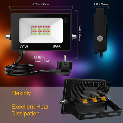 Onforu 4 Pack 20W RGB Floodlights, Outdoor Floodlight with Remote Control, Dimmable IP66 Waterproof Colour Changing Light for Stage, Garden, Christmas